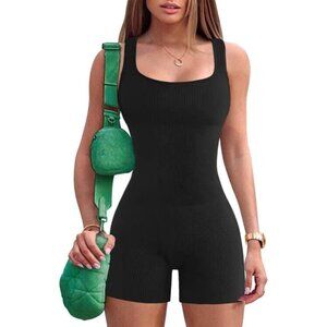 🆕 Women Black Yoga Jumpsuit Ribbed One Piece Tank Top Sleeveless Bodycon Sport